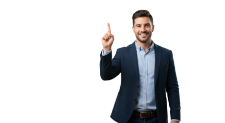 Confident entrepreneur in blazer pointing up, showcasing expertise and aiming for business success, transparent background.