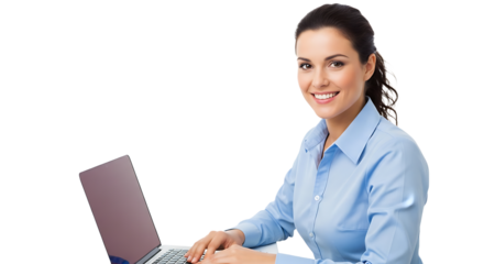A smiling woman in a blue shirt works on her laptop, exuding confidence and professionalism at her work station.