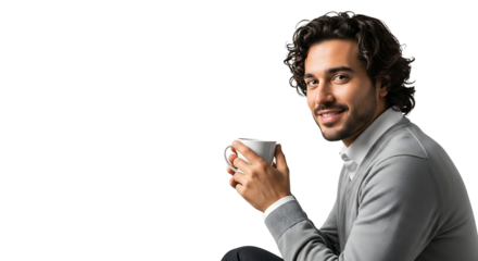 Relaxed man in sweater, drinking coffee. Coffee break, relaxed, enjoying a nice moment. Positive energy, calm and comfy.