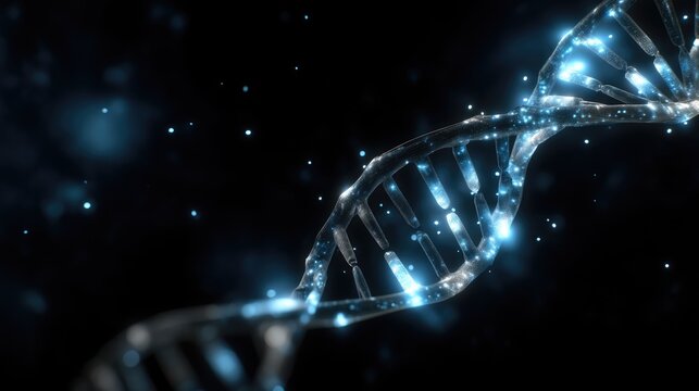 This visualization features a spiral DNA helix suspended in darkness, illuminated by glowing particles, symbolizing the complexity of genetics and molecular biology