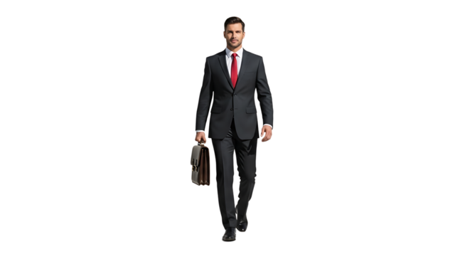 Focused executive strides forward, a picture of professional confidence and determination, with a briefcase in hand.