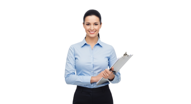 Business woman with smile, dressed in blue shirt and dark skirt, holds a clipboard with a silver pen in her hand.