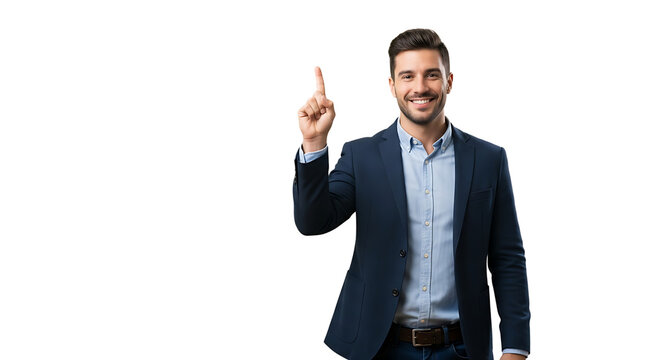 Confident entrepreneur in blazer pointing up, showcasing expertise and aiming for business success, transparent background.