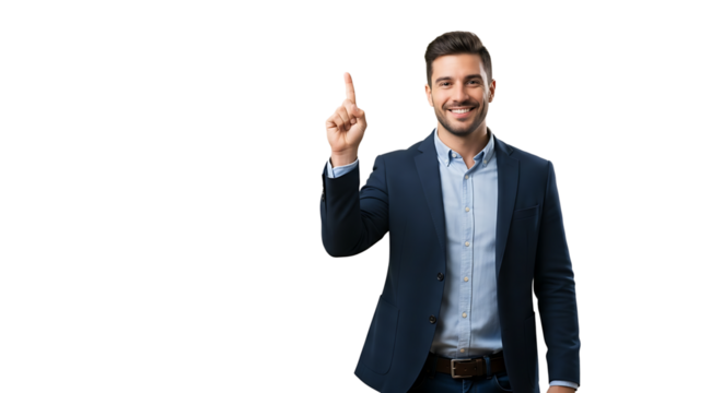 Confident entrepreneur in blazer pointing up, showcasing expertise and aiming for business success, transparent background.