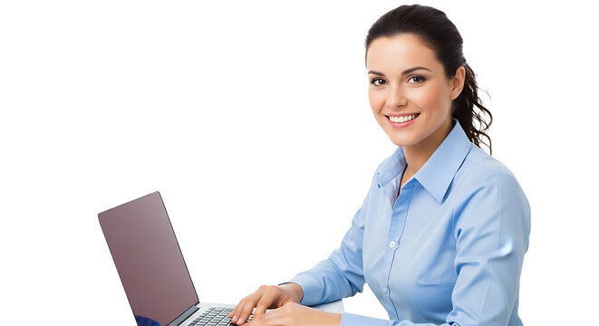 A smiling woman in a blue shirt works on her laptop, exuding confidence and professionalism at her work station.