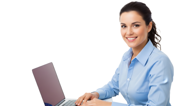 A smiling woman in a blue shirt works on her laptop, exuding confidence and professionalism at her work station.