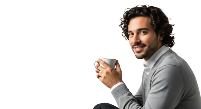 Relaxed man in sweater, drinking coffee. Coffee break, relaxed, enjoying a nice moment. Positive energy, calm and comfy.