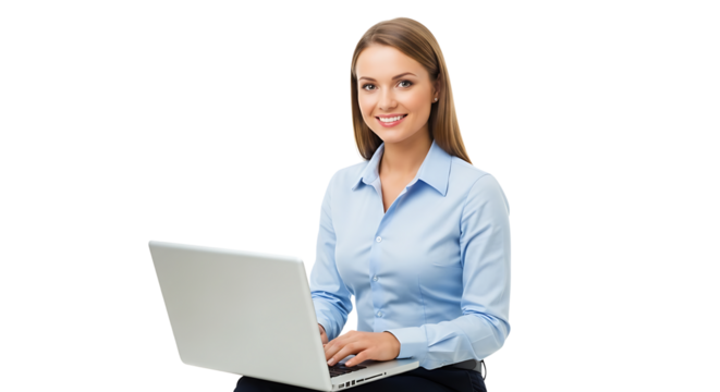 Confident businesswoman is working on her laptop with a bright smile. She's in a professional setting, ready to work.