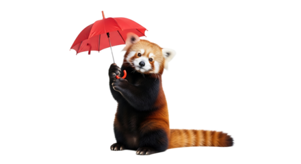A fluffy red panda stands upright, holding a vibrant red umbrella, its tail curled to the side in the transparent background.