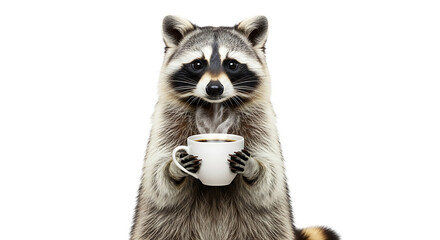 A charming raccoon is seen holding a steaming cup of coffee, its gaze locked straight ahead, against a plain transparent background.