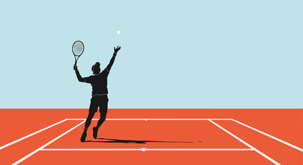 Naklejka premium Silhouette of a male tennis player in mid-air serving position on an orange court against a blue sky.