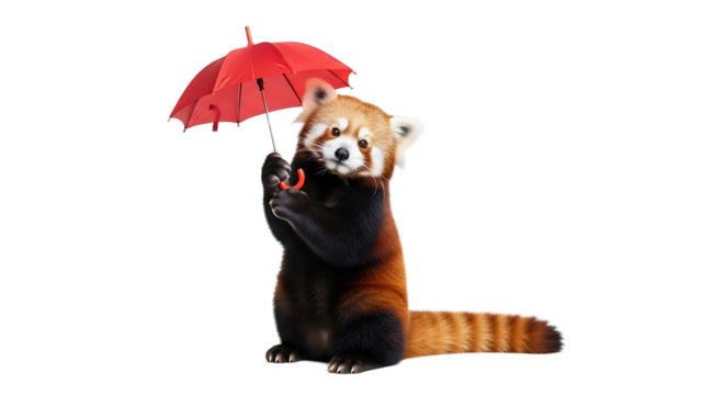 A fluffy red panda stands upright, holding a vibrant red umbrella, its tail curled to the side in the transparent background.