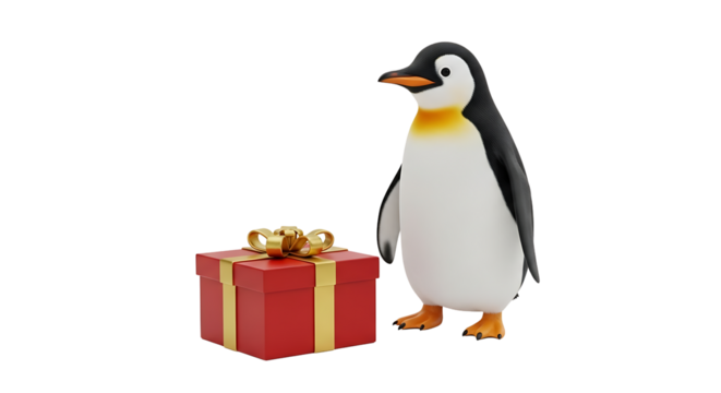 An adorable penguin stands next to a bright red gift box with golden ribbon on a transparent background, a cute festive scene