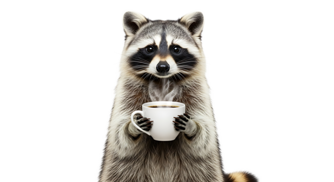 A charming raccoon is seen holding a steaming cup of coffee, its gaze locked straight ahead, against a plain transparent background.
