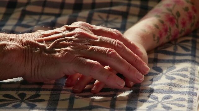Elderly, wrinkled hand gently touching a young child's hand