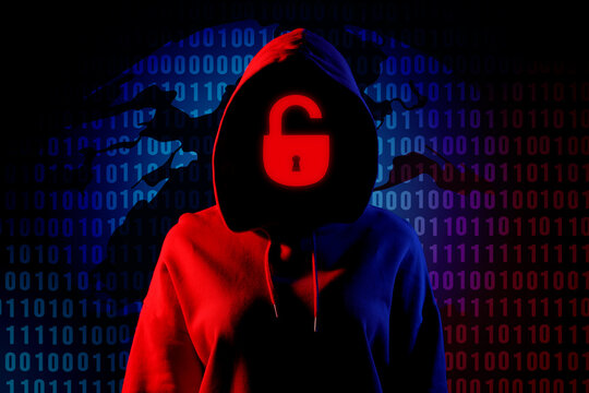 Cyber attack. Hacker with lock instead of face. Globe and binary code behind her