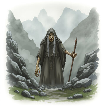 watercolor A a malevolent mountain hag, luring a lost traveler deep into the misty, rocky highlands. She is hunched and cloaked, her face hidden but for a sinister, glowing smile.
