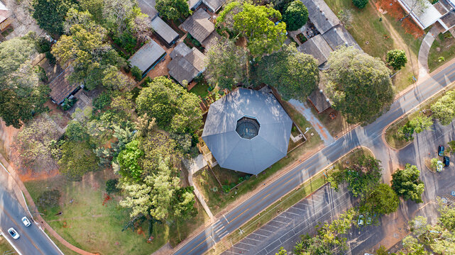 Bras&iacute;lia, Brazil, 2023, Aerial view of the Maloca, the Public Center for Multicultural Coexistence of Indigenous Peoples at the University of Brasilia.