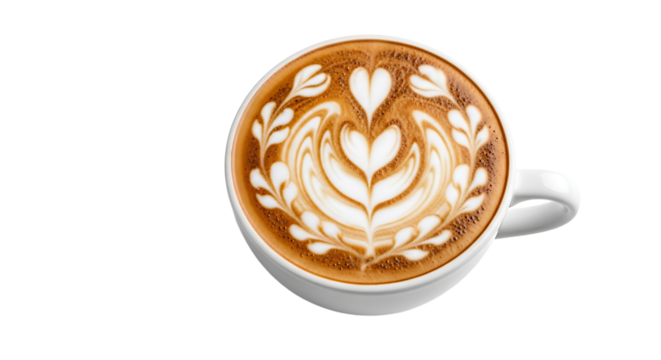 A cup of frothy cappuccino presents an intricate flower and heart design in creamy foam, on a transparent background. - Powered by Adobe
