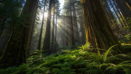 Sunbeams Through Redwood Forest Canopy