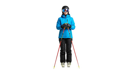 Front view of a skier wearing a helmet, goggles, blue jacket and black pants, holding ski poles, ready for action.