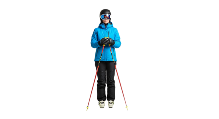 Front view of a skier wearing a helmet, goggles, blue jacket and black pants, holding ski poles, ready for action.