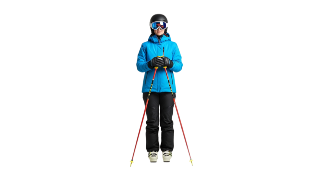 Front view of a skier wearing a helmet, goggles, blue jacket and black pants, holding ski poles, ready for action.