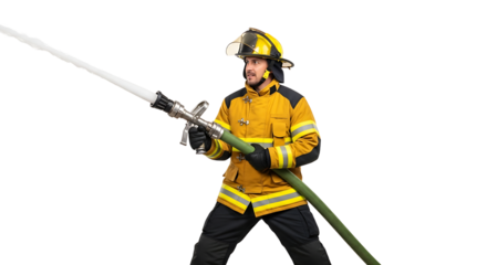 Firefighter heroically battles a blaze with a high-pressure hose, demonstrating courage and skill in the face of danger.