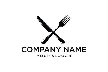 Crossed Knife and Fork Restaurant Logo Template with Placeholder Text on White Background