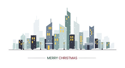 Naklejka premium Festive winter cityscape with falling snow and glowing windows celebrating merry christmas