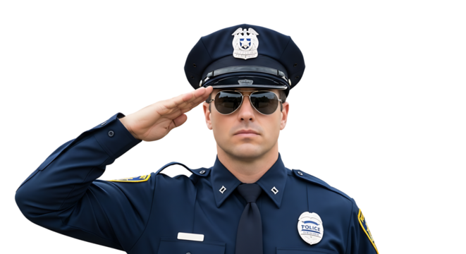 A uniformed officer with sunglasses gives a respectful salute, showing honor, duty, and community protection to the public.