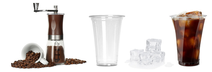 Iced coffee preparation on white background, collage