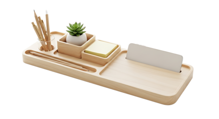 Wooden desk organizer holding pencils, a succulent, sticky notes, and a cell phone, enhancing workspace aesthetics.