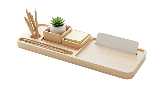 Wooden desk organizer holding pencils, a succulent, sticky notes, and a cell phone, enhancing workspace aesthetics.