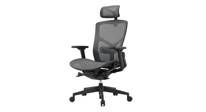 Ergonomic office chair in a simple studio setting, featuring mesh back support and adjustable features for comfort.