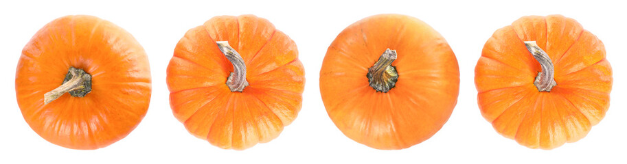 Fresh ripe pumpkins isolated on white, set. Top view