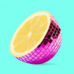 Fototapeta premium Disco ball with lemon inside on turquoise background