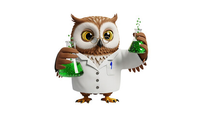 Obraz premium An owl dressed as scientist with glasses and a lab coat conducts an experiment with green fluid in glass flasks.