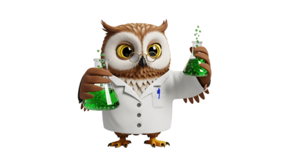 An owl dressed as scientist with glasses and a lab coat conducts an experiment with green fluid in glass flasks.