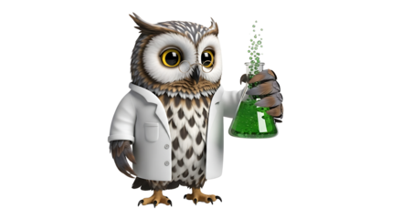 An owl wearing a lab coat and glasses, holding a beaker with a green bubbling liquid, in a lab environment.
