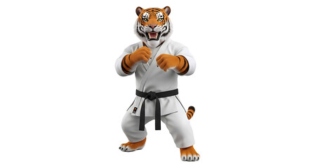An animated tiger character wearing a traditional white karate gi with a black belt, demonstrating martial arts stance.