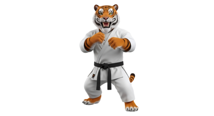 An animated tiger character wearing a traditional white karate gi with a black belt, demonstrating martial arts stance.
