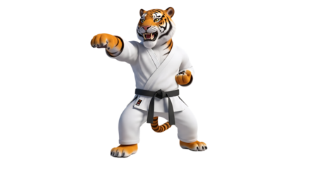A fierce tiger dressed in a martial arts uniform, ready to strike a powerful punch with determination and strong stance.