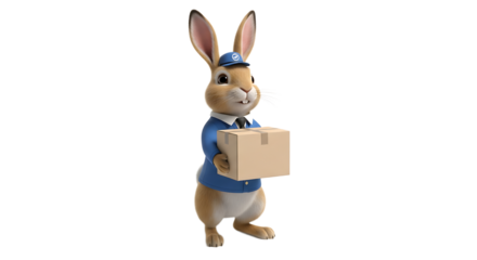 A cartoon bunny, wearing a blue delivery uniform, holds a plain, closed cardboard box, ready to deliver it fast.