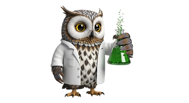 An owl wearing a lab coat and glasses, holding a beaker with a green bubbling liquid, in a lab environment.