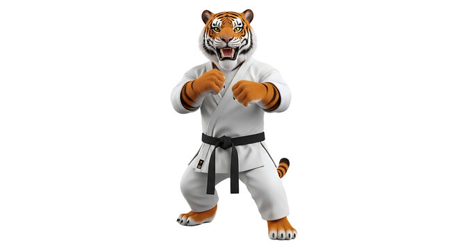 An animated tiger character wearing a traditional white karate gi with a black belt, demonstrating martial arts stance.