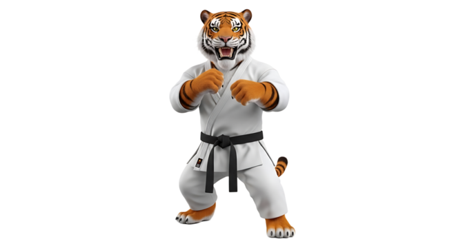 An animated tiger character wearing a traditional white karate gi with a black belt, demonstrating martial arts stance. - Powered by Adobe