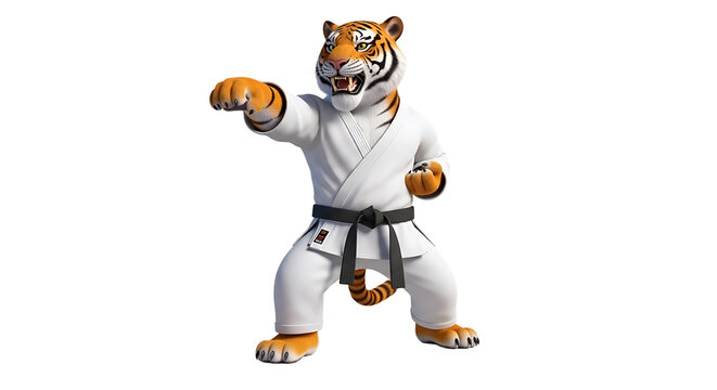 A fierce tiger dressed in a martial arts uniform, ready to strike a powerful punch with determination and strong stance.