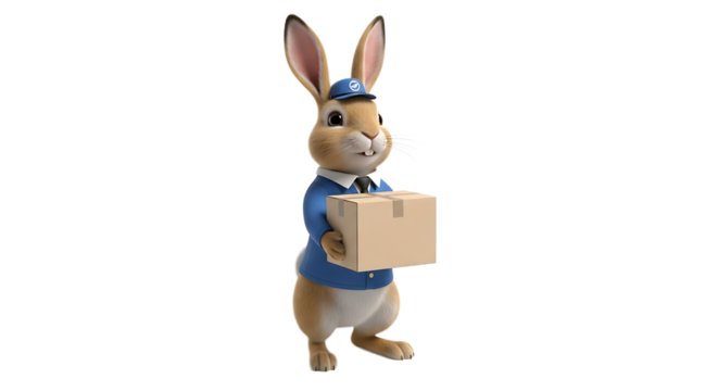 A cartoon bunny, wearing a blue delivery uniform, holds a plain, closed cardboard box, ready to deliver it fast.