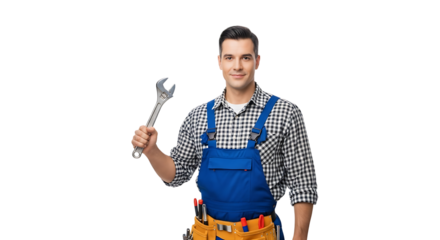 Friendly handyman in blue overalls holding a wrench, ready to tackle repairs with a positive attitude and expertise.